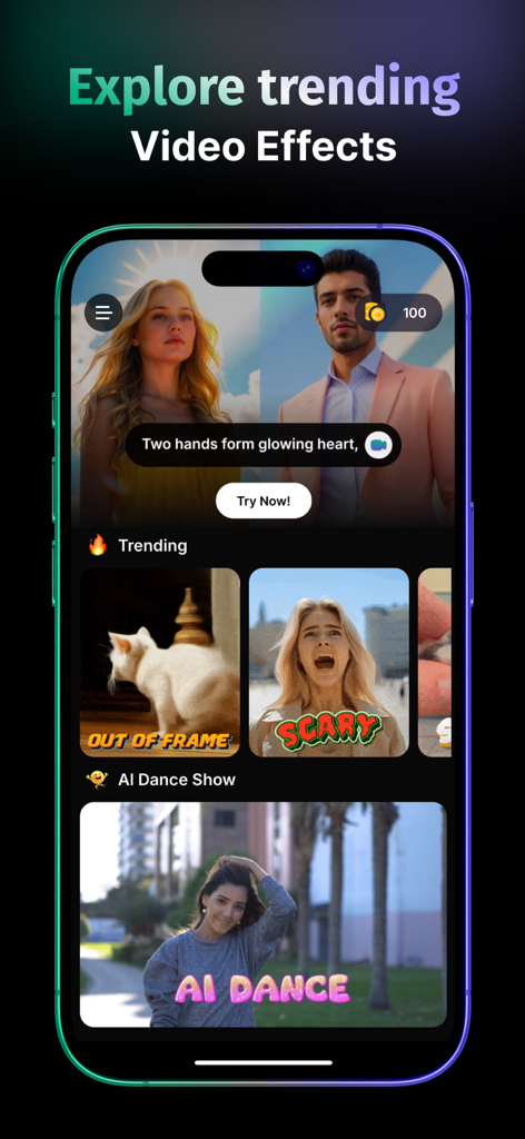 Smartphone interface of PicVideo app displaying trending AI video effects and AI dance categories