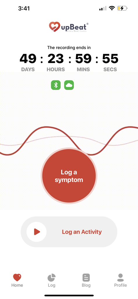 Dashboard of the upBeat app showing an active ECG recording timer and options to log symptoms or activities