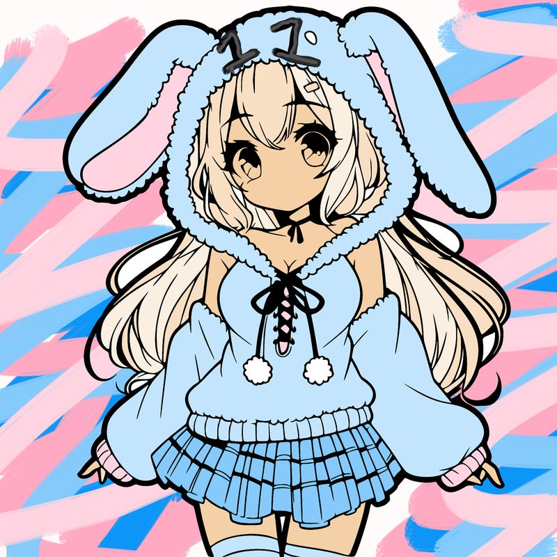 pretty anime girl wearing a fluffy hoodie with bunny ears on the hood and a skirt
