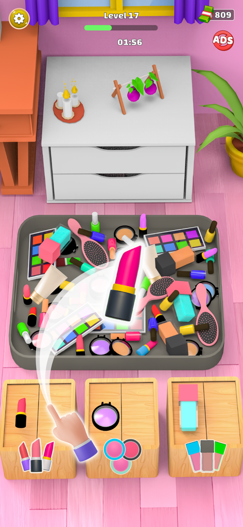 Stock the Fridge - Room Legend - A player sorting various makeup items like lipsticks and eyeshadow palettes into organized drawer compartments in a mobile game