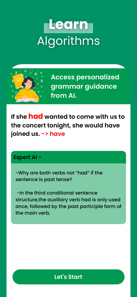 Grammar: Sentence Diagrammer - Grammar app screen showing an AI explanation for a third conditional sentence structure
