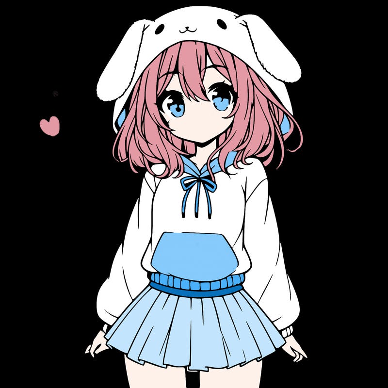 pretty anime girl wearing a fluffy hoodie with bunny ears on the hood and a skirt