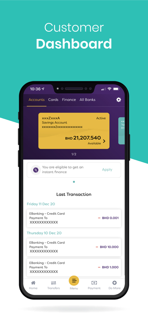 BisB Mobileアプリの顧客ダッシュボードに、口座残高と最近の取引が表示されています