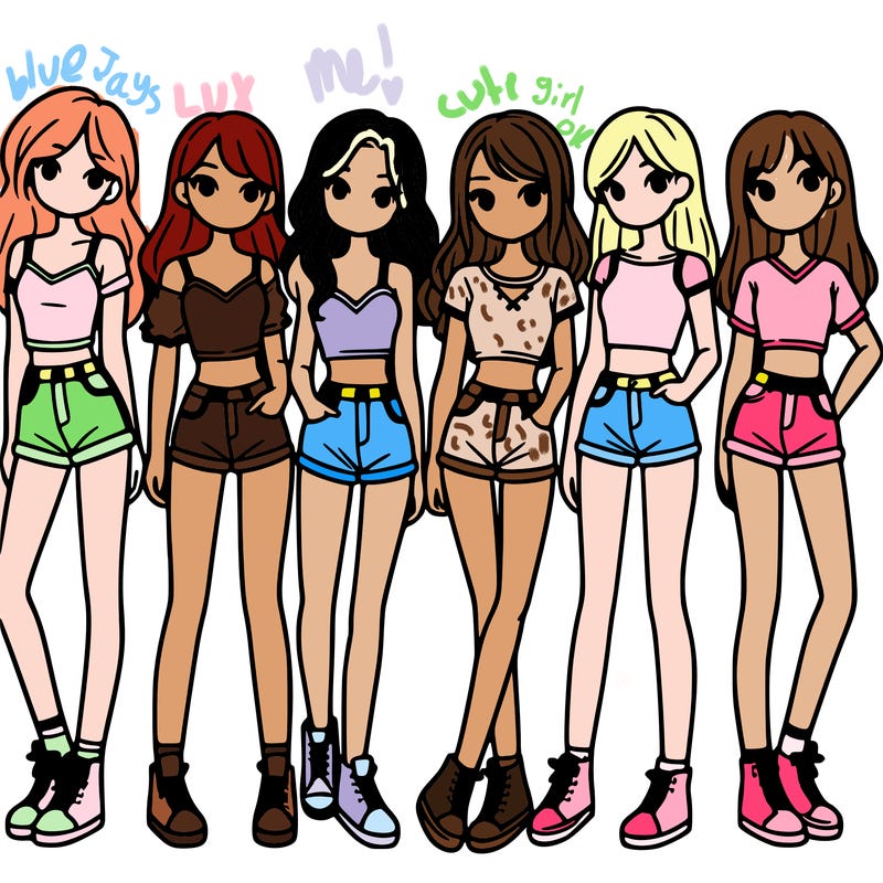 a group of girls wearing crop tops and shorts