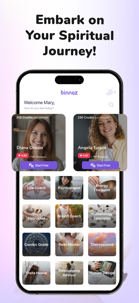 Binnaz mobile app screen displaying spiritual and wellness advisor categories like psychologist, life coach, and astrology experts.