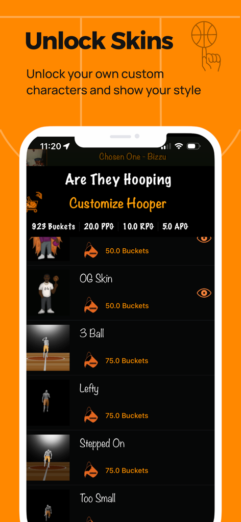 ATH - Pickup Basketball App - ATH app screen showing hooper customization options and skins that can be unlocked with buckets.