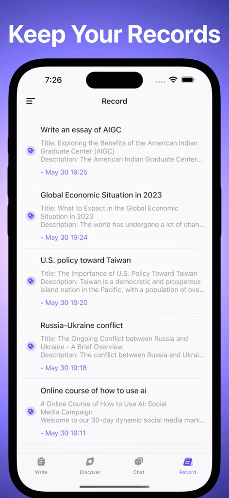 AI Sonic - Chat & Write Bot - Pantalla de un smartphone que muestra la pantalla de historial de registros de la aplicación AI Sonic con una lista de ensayos escritos anteriormente y artículos resumidos.