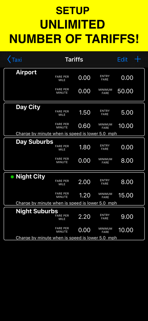 Taxi app screen showing customization of multiple pricing tariffs for city and suburban areas