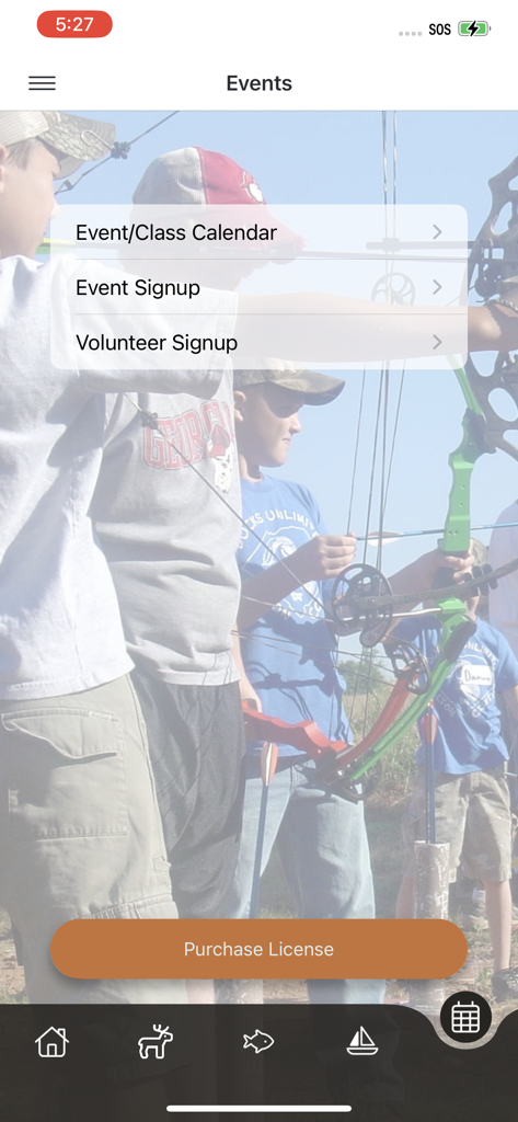 Go Outdoors GA app events screen with links to calendar and signup options
