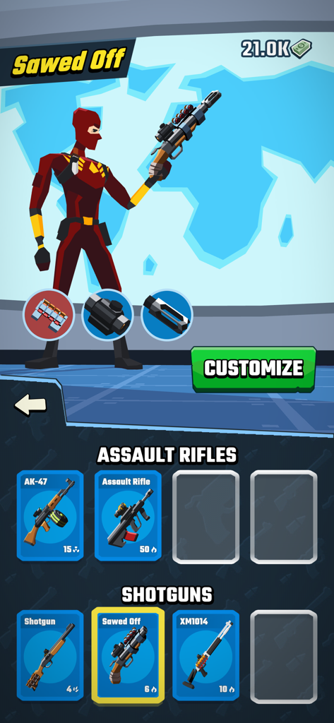 Agent Action - Spy Shooter - Tela de seleção de armas em Agent Action mostrando um personagem em um terno vermelho com vários fuzis de assalto e espingardas disponíveis para desbloquear e personalizar