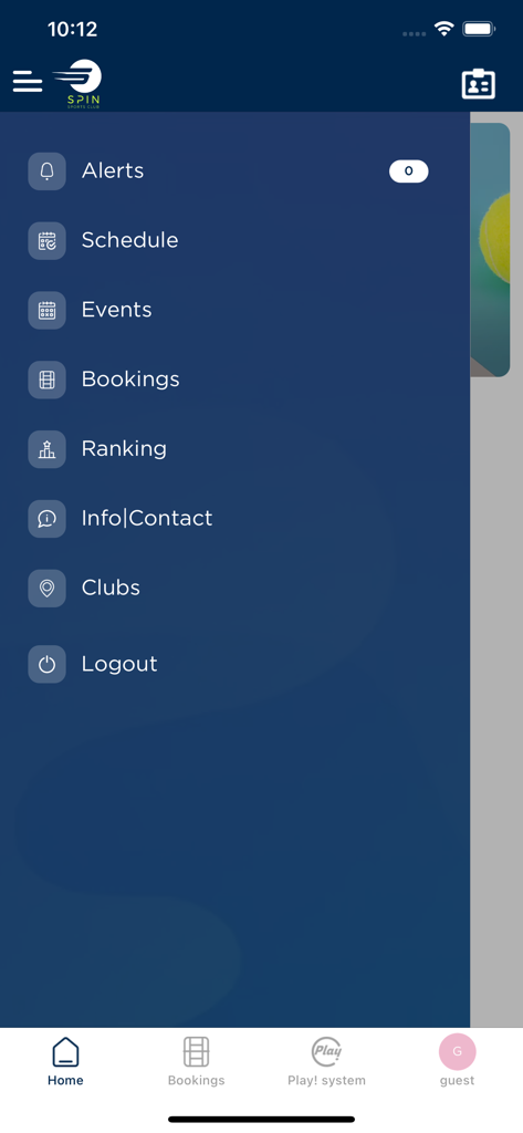 Menú de navegación lateral de la aplicación Spin Padel Club con opciones de horario y reserva