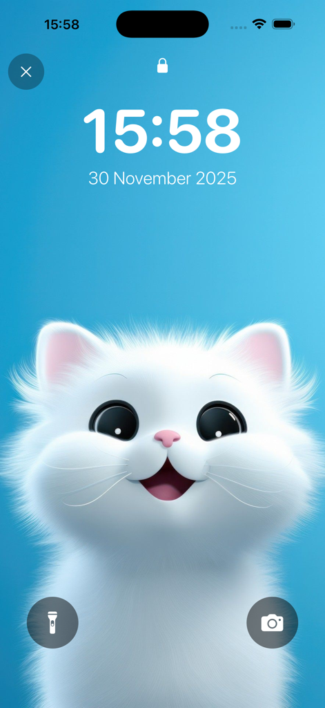Wallpapers: Live Wallpapers 4K - A high definition 4K wallpaper of a cute fluffy white cat on an iPhone lock screen.