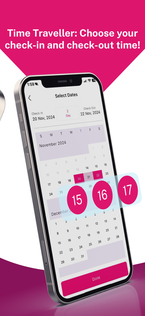 Travela - A smartphone screen showing the Travela app calendar for selecting travel dates