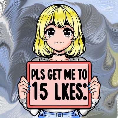 realistic girl holding up a sign that says “pls get me to 15 likes!”