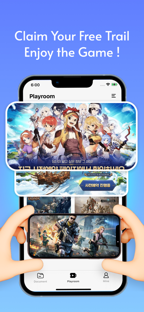 Ecalc Cloud - Interface do telefone virtual Ecalc Cloud mostrando a seção de sala de jogos com vários títulos de jogos mobile