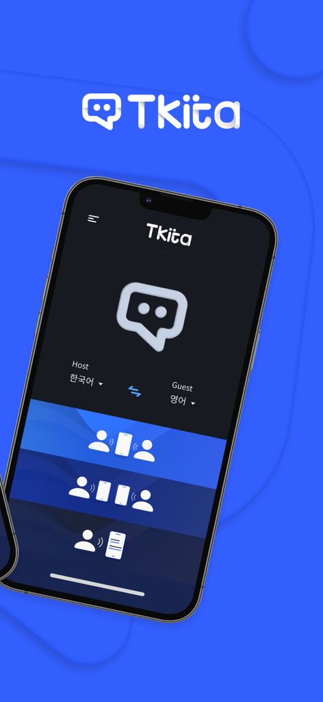 Tkita - Tkita mobile application interface showing language selection for Korean and English with various translation communication modes.