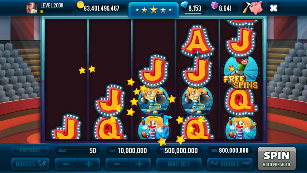 Miracle Circus Slots gameplay showing a circus themed slot machine with lion and clown symbols