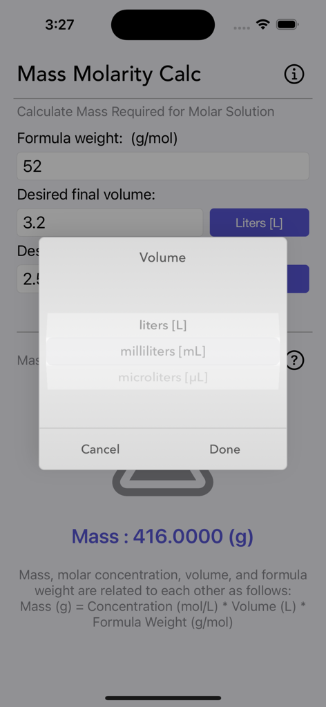 Interface of the Mass Molarity Calculator app showing a volume unit selection menu for liters and milliliters.