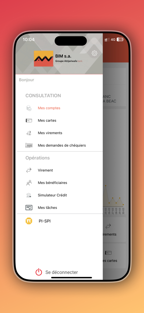 Menú de navegación de la aplicación BIM Mobile Banking que muestra opciones para cuentas, tarjetas y transferencias