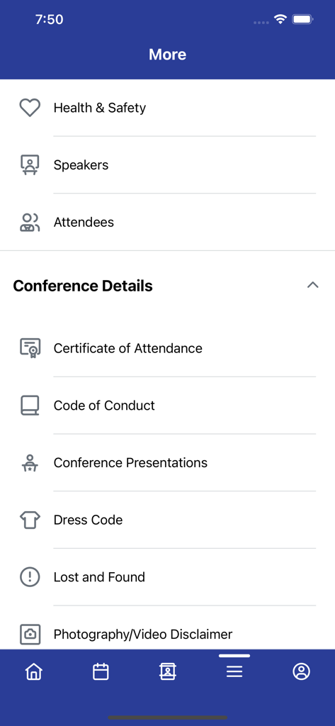 IAPP Events - Pantalla del menú 'Más' en la aplicación Eventos IAPP que muestra detalles de la conferencia e información del asistente.