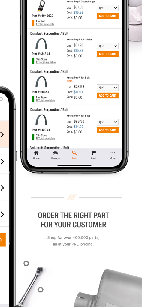Smartphone displaying the AutoZonePro Mobile app interface with a list of automotive serpentine belts available for professional order.