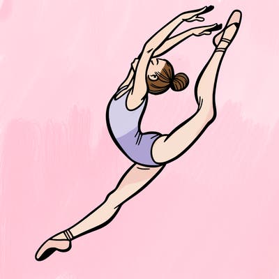 gymnast doing a leap in a leotard with a bent back leg