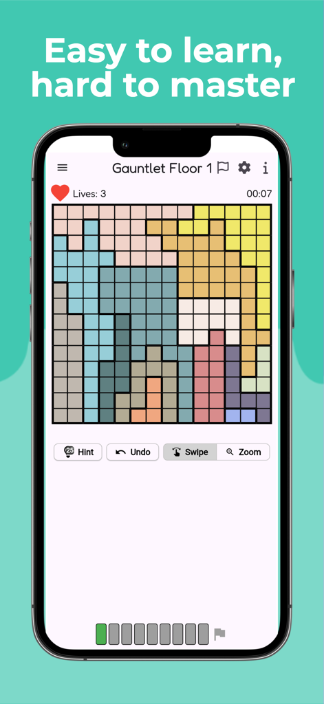 Gameplay screenshot of Crowns Logic Game showing a colorful grid puzzle on a smartphone screen