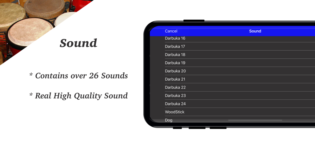 Una pantalla de menú de la aplicación Darbuka que muestra una lista de sonidos de percusión de alta calidad disponibles para su selección.