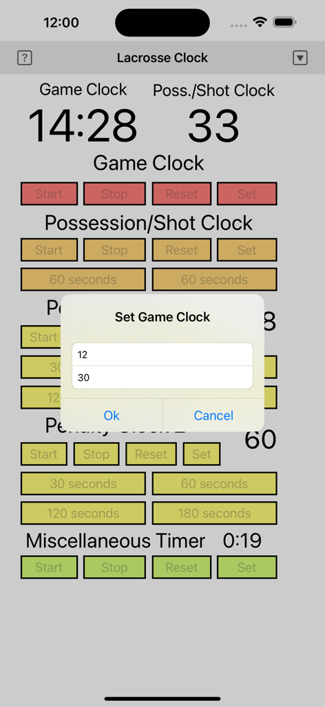 Lacrosse Clock app interface with game shot and penalty timers