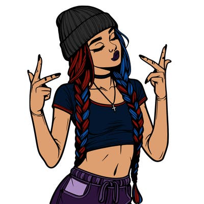 realistic teenage girl with braids and a beanie and crop top doing 🫶🏼