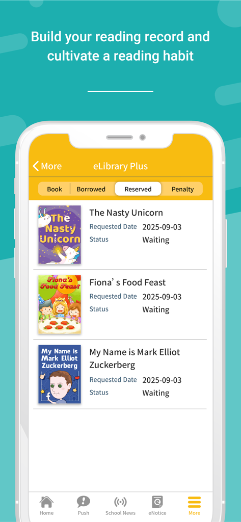 Ecrã do eLibrary Plus no eClass Student App exibindo uma lista de livros reservados com estado e datas solicitadas