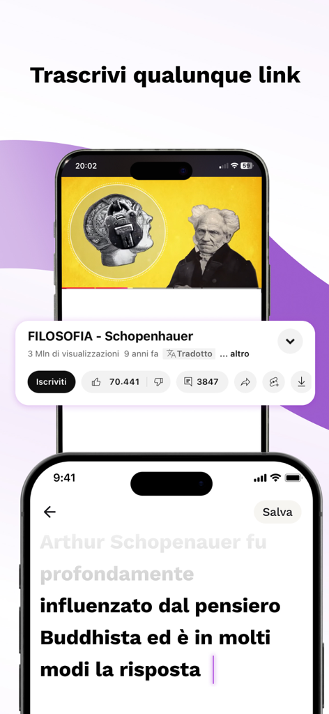 Docsity AI: appunti smart - App Docsity AI che trascrive un video di filosofia da YouTube in appunti di testo per lo studio