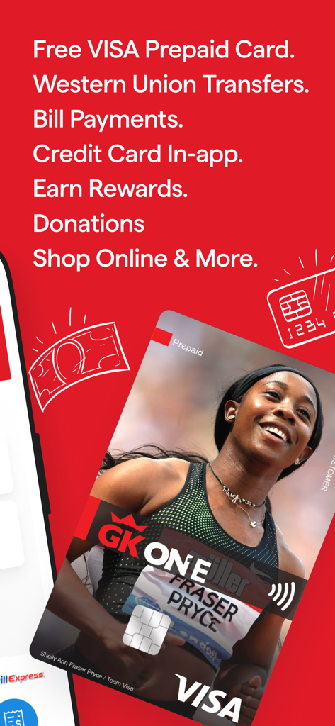 GK One - Pantalla promocional de la aplicación GK One que muestra servicios como tarjeta Visa prepaga gratuita, transferencias de Western Union y pagos de facturas