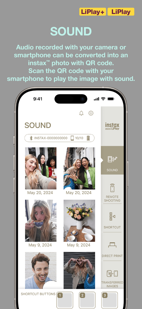 instax mini LiPlay - Instax mini LiPlay app interface displaying the sound recording feature for photos.