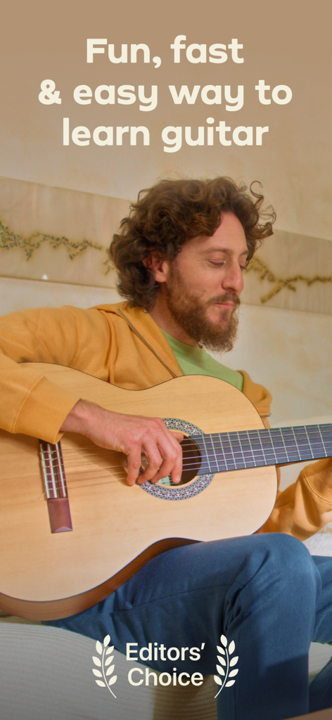 Simply Guitar - Learn Guitar - A man playing an acoustic guitar with text stating fun fast and easy way to learn guitar and an Editors Choice badge