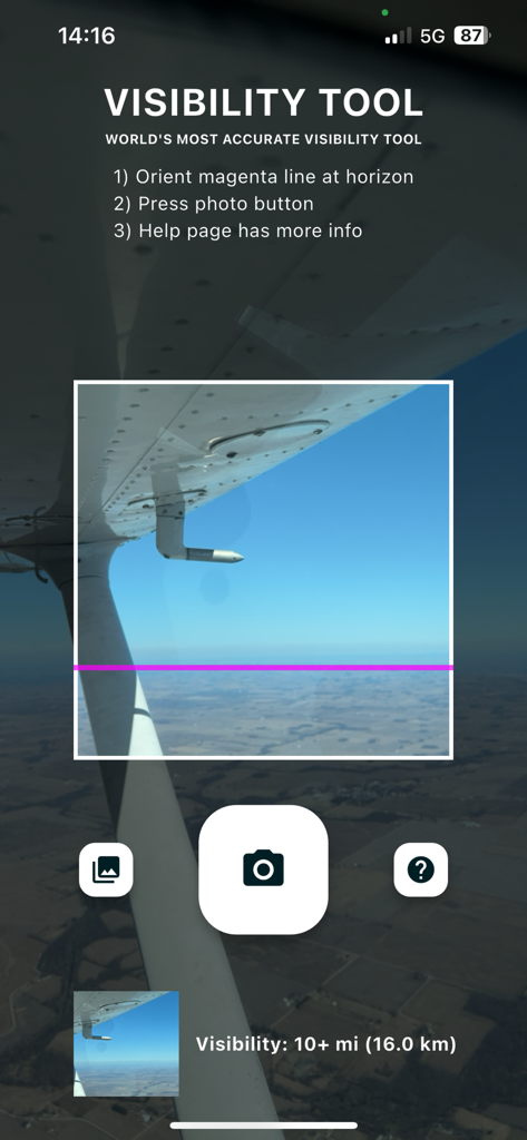Visibility Tool - Interface of Visibility Tool app showing a magenta line aligned with the horizon to measure atmospheric visibility from an aircraft.