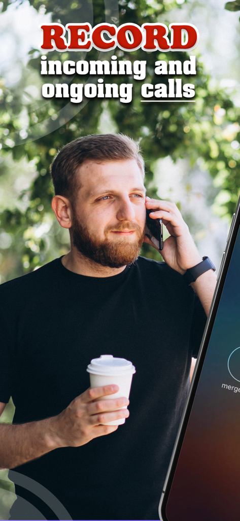 A professional man recording a phone call on his iPhone while holding a cup of coffee
