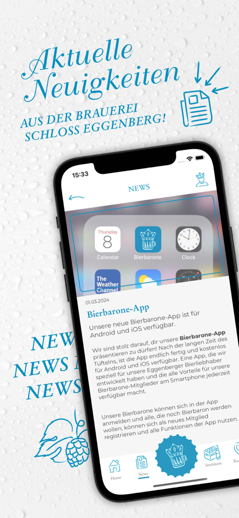 Seção de notícias do aplicativo Bierbarone mostrando as últimas atualizações da cervejaria Schloss Eggenberg.