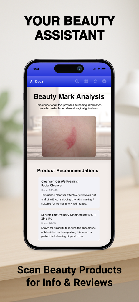 ProScan - Scanner To PDF - ProScanアプリ内の美容マーク分析とスキンケア製品の推奨事項を表示するiPhone画面