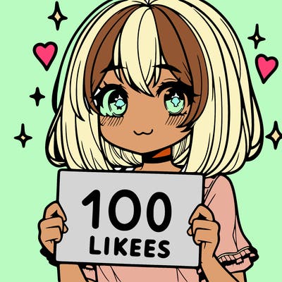 anima girl holding a 100 likes sign in her hand