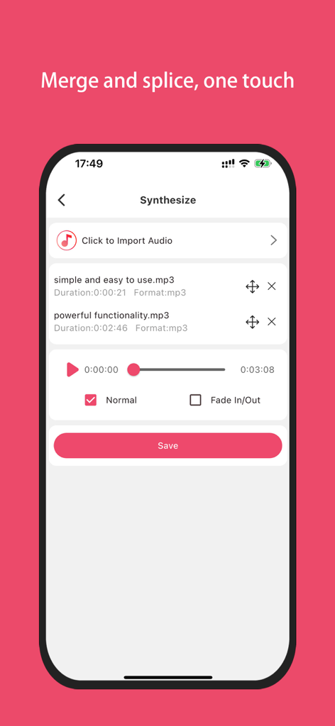 Music Edit Master - Écran de l'application mobile pour fusionner et assembler des pistes audio avec une interface simple à une touche.