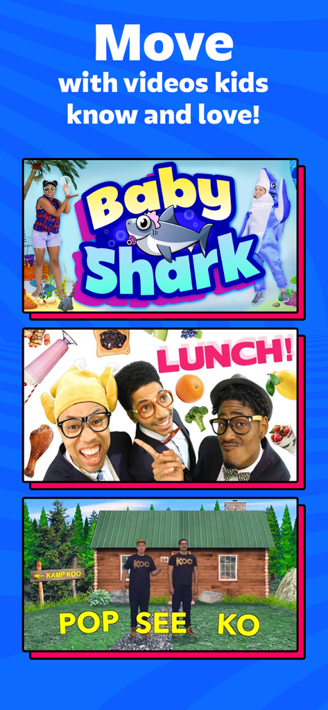 GoNoodle app interface featuring popular kids dance videos like Baby Shark and Pop See Ko to encourage active screen time.