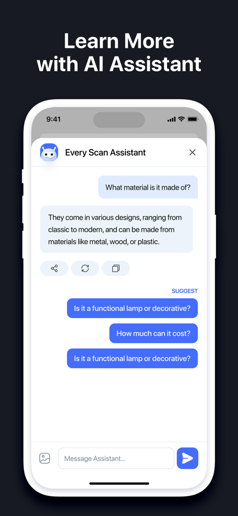 A screenshot of the EveryScan app showing an AI assistant chat interface providing details about an object's material and cost.