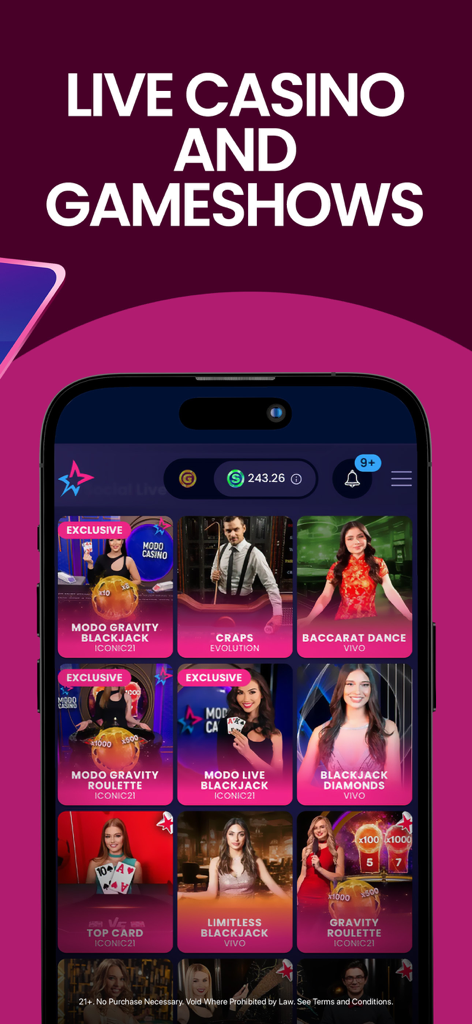 Modo Social Casino Slots - La pantalla de la aplicación Modo Social Casino muestra varios juegos de mesa con crupier en vivo, incluyendo Blackjack, Ruleta y Craps.