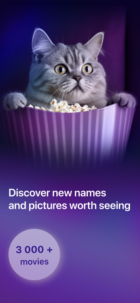 Cinema Quiz: films & actors - A cat sitting in a popcorn bucket on a movie trivia app discovery screen featuring over 3000 films