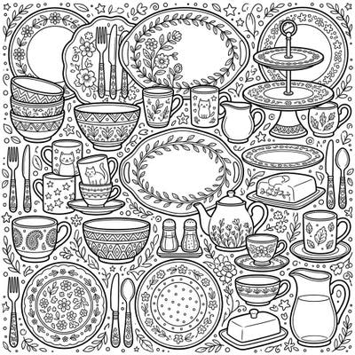Explore a charming collection of intricate tableware and serveware, from decorative plates to whimsical mugs. This detailed coloring page offers hours of creative relaxation for all who love home and kitchen themes.