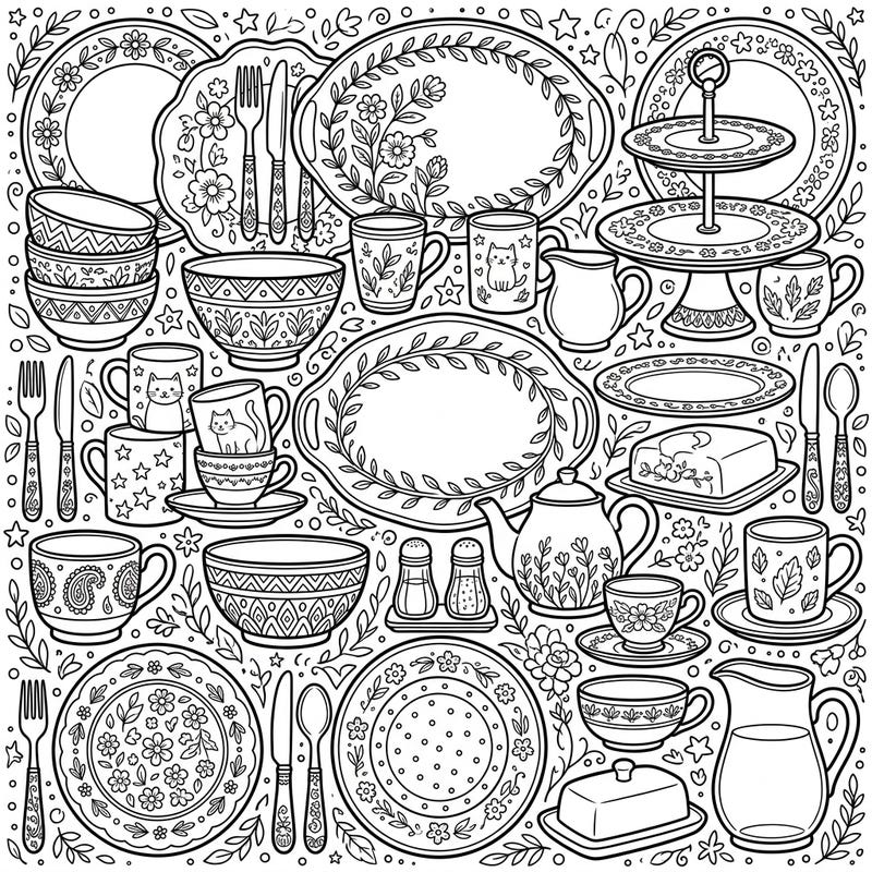 Explore a charming collection of intricate tableware and serveware, from decorative plates to whimsical mugs. This detailed coloring page offers hours of creative relaxation for all who love home and kitchen themes.
