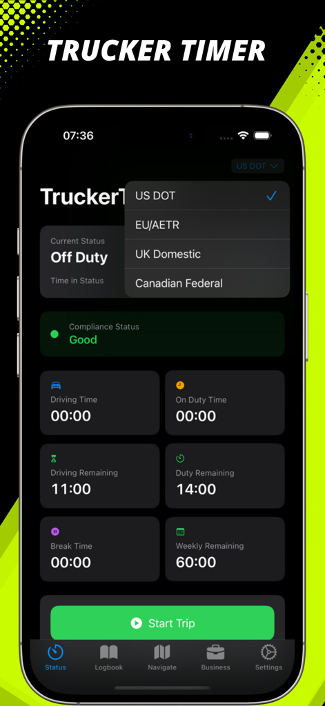 Trucker Timer app dashboard showing hours of service tracking and regulation selection menu