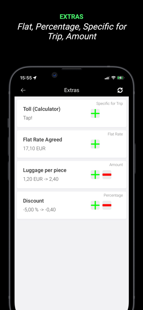 TaxiController Driver - TaxiController Driver app screen displaying trip extras options including tolls flat rates luggage fees and discounts