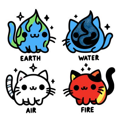4 cats that represent the different elements, earth, water, air, and fire